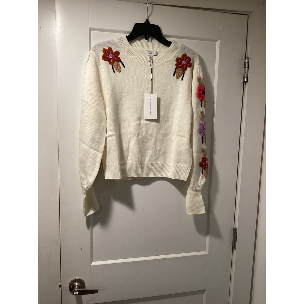 Something Navy Ivory Embroidered Floral Crew Neck Wool Blend Sweater S New